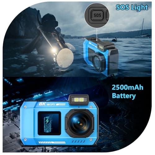 SPUNALP UHD 8K Underwater Camera, 70MP 33FT WiFi Waterproof Digital Camera with 64GB Card, Auto Focus Waterproof Dual-Screen Selfie 2500mAh Battery, 18X Floatable Digital for Snorkeling, Blue 5