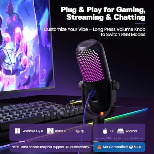 USB Microphone for PC Gaming: Condenser Microphone RGB for Gamer with Stand Mic - Recording Mic for Computer&Laptop with Qiuck Mute - Desk Podcast Mic for Podcast & Singing & Streaming & Youtube Black 5