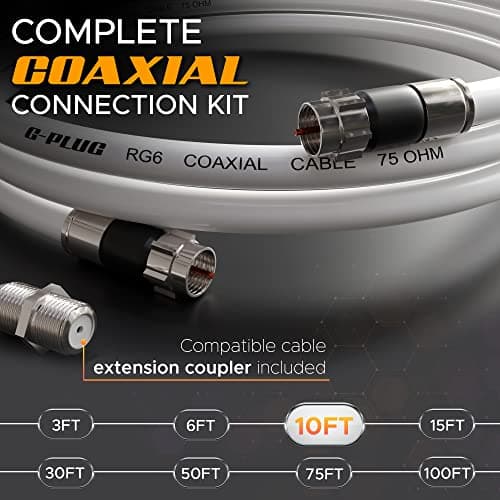 G-PLUG 10FT RG6 Coaxial Cable Connectors Set - High-Speed Internet, Broadband and Digital TV Aerial, Satellite Sky Cable Extension- Weather-Sealed Double Rubber O-Ring and Compression Connectors White 2