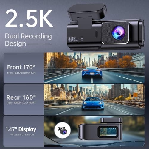 Dash Cam Front and Rear, 2.5K+1080P Dual Dash Camera for Cars, Ecomoment Car Camera with 1.47" IPS Screen, Built-in Wi-Fi, 170° Wide Angle, Night Vision, G-Sensor, 24H Parking Mode, 32GB Card Included 3