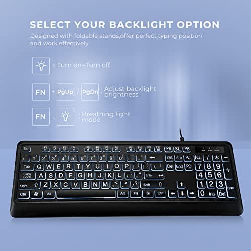 KOPJIPPOM Large Print Backlit Keyboard, USB Wired Computer Keyboard, Full Size Keyboard with White Illuminated LED Compatible for Windows Desktop, Laptop, PC, Gaming, Black 3