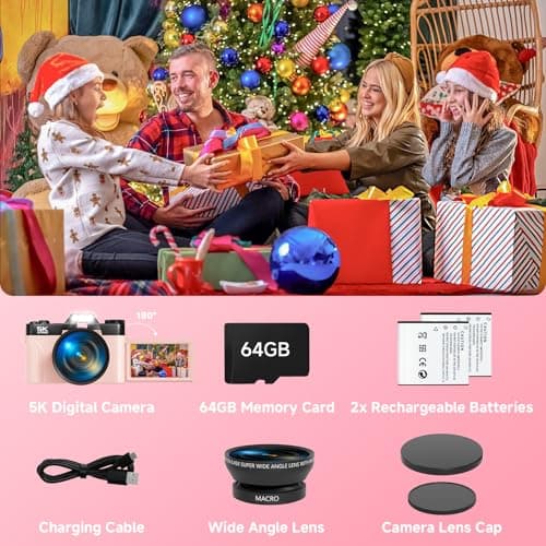 5K Digital Camera for Photography,UHD 75MP WiFi Vlogging Camera for YouTube,Compact Camera with 3" 180°Flip Screen,64GB SD Card,16X Digital Zoom,2 Batteries,Perfect for Beginners and Teens,Pink 4