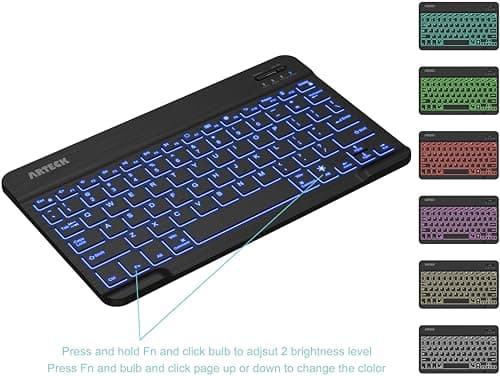 Arteck Universal Backlit 7-Colors Ultra Light Slim Portable Wireless Bluetooth 3.0 Keyboard for iOS iPad Pro, Air, Mini, Android, Windows Tablets PC Smartphone Built in Rechargeable 6-Month Battery 5