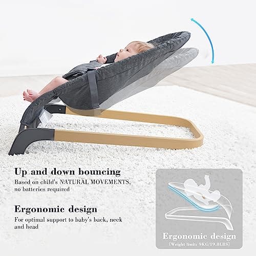 ANGELBLISS Baby Bouncer, Portable Bouncer Seat for Babies, Infants Bouncy Seat with Wood Grain Base, Natural Vibrations (Grey) 4