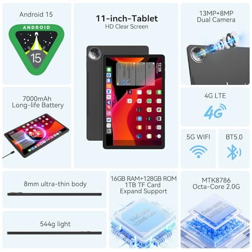 Tablet 11 inch Android 15 Tablet, 2025 Latest Update 128GB ROM 16GB RAM, 4G LTE Tableta, 5G WiFi+Cellular, Octa-Core MTK8786, 13+8 MP Rear and Front Camera,Incell FHD Screen, T-Mobile SIM Card Support 2