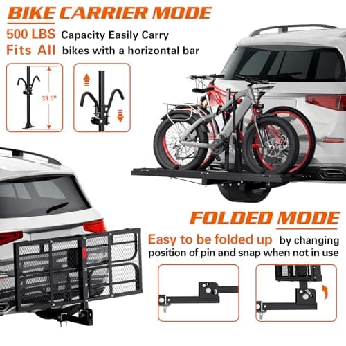 Wildroad Hitch Cargo Carrier with Bike Rack 60" x 24" x 14" Folding Trailer Hitch Cargo Carrier 500 LBS Capacity for Standard, Fat Tire and Electric Bike Fits 2" Receiver 60" Basket+Bike Rack 5