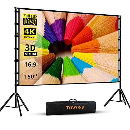 TOWOND Projector Screen and Stand, 150 inch Indoor Outdoor Projection Screen, Portable 16:9 4K HD Rear Front Movie Screen with Carry Bag Wrinkle-Free Design for Home Theater Backyard Cinema