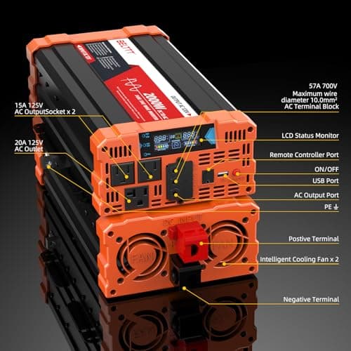 BELTTT 2000W Pure Sine Wave Inverter, Car Power Inverter 12V to 120V AC Converter for RV, Truck, Solar, Outdoor with Dual AC and 20A Socket, 5V 2.1A USB, Surge 4000W, Hardwire Port, Remote Controller 4