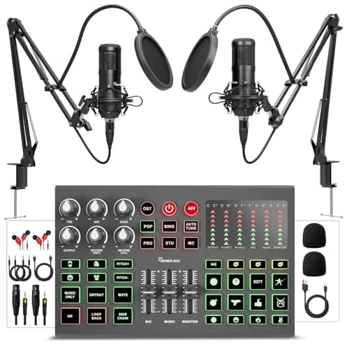 Hayner-Seek Podcast Equipment Bundle for 2, All-Metal Audio Interface DJ Mixer with Podcast Microphone,Voice Change,48V for Podcast, Streaming, TikTok, YouTube, PC, Smartphone (V1)