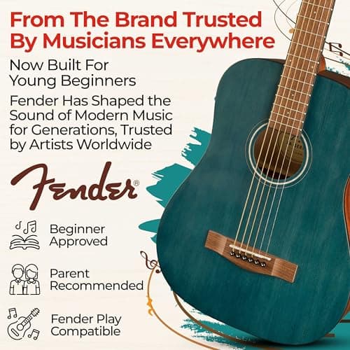 Fender FA-15 3/4-Scale Kids Steel String Acoustic Guitar - Blue Learn-to-Play Bundle with Gig Bag, Strap, Picks, Fender Play Online Lessons, and Austin Bazaar Instructional DVD 5
