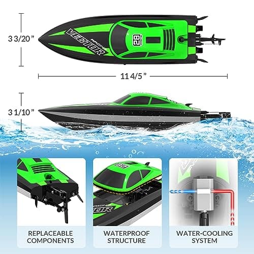 VOLANTEXRC RC Boat 20MPH Fast Remote Control Boat for Adults 2.4Ghz Toy Boats for Pools and Lake with 2 Rechargeable Batteries Toys Gifts for Adults with Light, Green 2