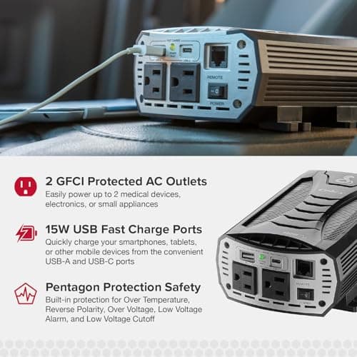 Cobra PURE SINE 400W Power Inverter, Portable – 400 Watt Car Charger, 2 Grounded AC Outlets, 2 Fast Charge USB Ports and Remote Controller (CPIALCDG1) Compatible 4