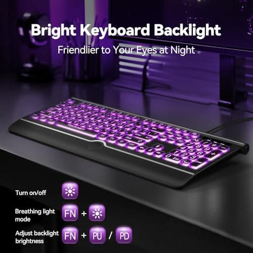 TECKNET Large Print Backlit Keyboard, Wired USB-A Computer Keyboard with Wrist Rest, 7-Color Backlit, Oversized Letter Keys Easy to See, Plug-and-Play, Silent, LED Compatible for Windows/PC/Laptop 3