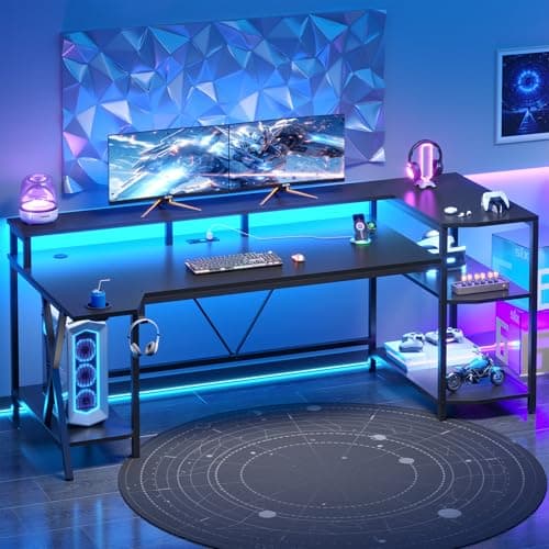 SEDETA Gaming Desk 70.8'' with LED Lights and Storage Shelves, Computer Desk with Monitor Stand, Power Outlets and Cup Holder, Large PC Gamer Desk, Gaming Table for Bedroom, Living Room, Black 5