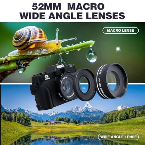 6K 64MP Digital Camera for Photography Vlogging Camera for YouTube, 180° Flip Screen, 16X Zoom Autofocus, Compact Travel Beauty Camera for Teens, 2 Batteries, with 52mm Lens, 32GB SD Card 2