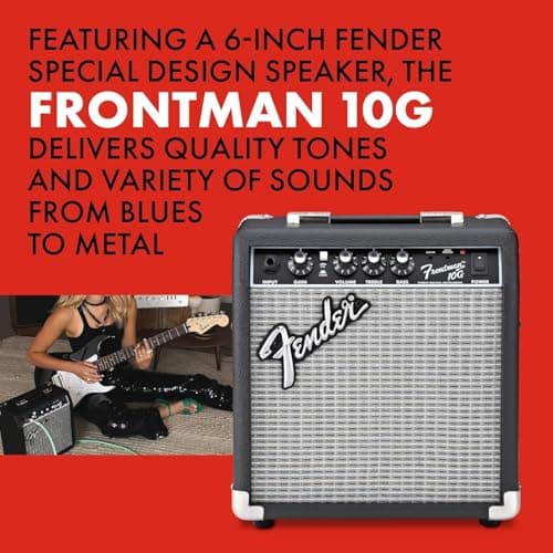 Fender Squier Debut Series Stratocaster Electric Guitar Kit, Beginner Guitar Kit, with 2-Year Warranty, with Padded Gig Bag, Frontman 10G Amp, Strap, and More, Includes Free Lessons, Black 4