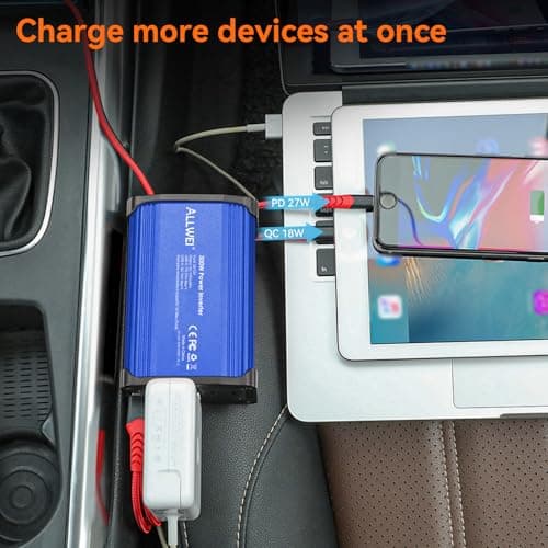 ALLWEI 300W Car Power Inverter, DC 12V to 110V AC Converter Car Plug Adapter Outlet with 27W PD USB-C & 18W USB-A Fast Charge, Car Cigarette Lighter Charger for Phone, Laptop, Tablet - Blue 3