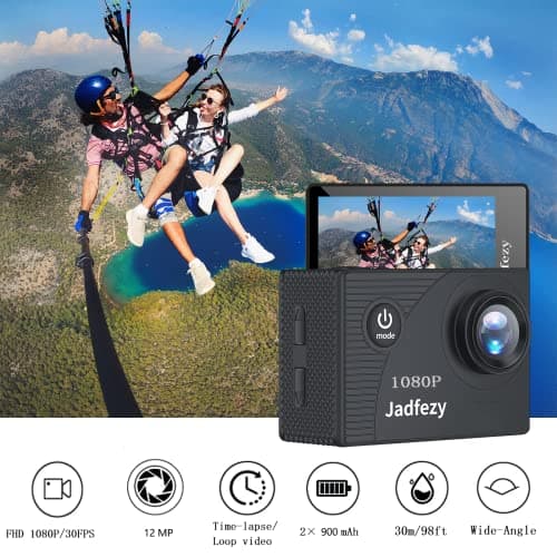 Jadfezy Action Camera FHD 1080P 12MP, 98FT/30M Underwater Waterproof Camera with 2 Batteries, Wide Angle Sports Camera with Accessories Kit Suitable for Helmet, Bicycle, etc. 2