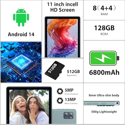 xiskt Android Tablet 10.1 inch Android 13 Tablet,8(4+4) GB&128GB Storage(Expand to 512GB), Dual 13MP+5MP Camera, 6800mAh, WiFi, Bluetooth 5.0,GPS 3