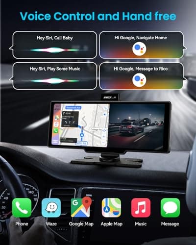 Portable Apple Carplay Screen, 10’’ Car Stereo Wireless Car Play & Android Auto Touch Screen, 4K Dash Cam, 1080P Backup Camera, Mirror Link/Voice Control/Music Play/GPS Navigation 3