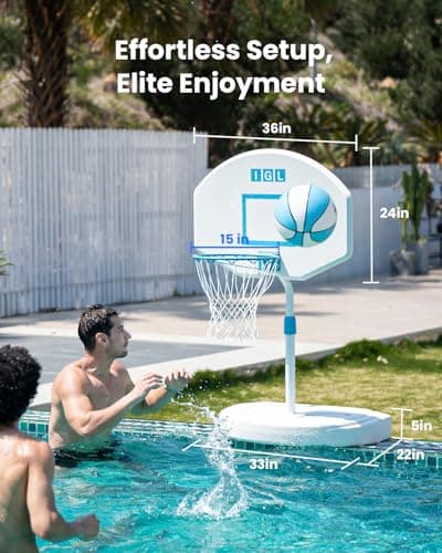 IGL Pool Basketball Hoop Poolside, Height Adjustable Swimming Basketball Hoop Outdoor for Pool, Anti-rust Stainless Steel Rim, Portable Basketball Goal System, Fillable Base, Includes 2 Balls and Pump 5