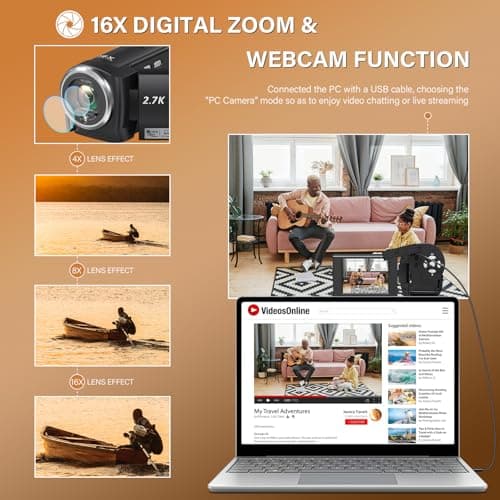 Muitune Camcorder Video Camera QHD 2.7K 56MP 16X Digital Zoom Vlogging Camera with LED Fill Light for YouTube, 2.8 Inch 270 Degree Rotation LCD Screen Camcorder with 32GB SD Card and Two Batteries 3