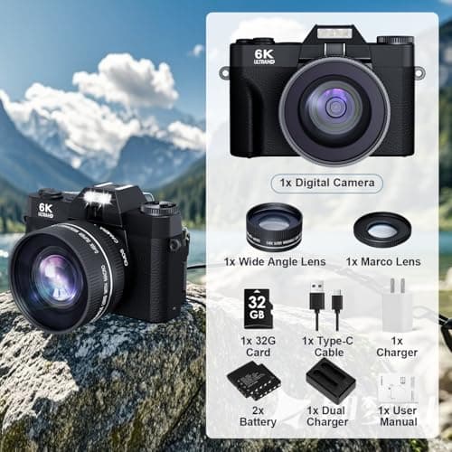 6K 64MP Digital Camera for Photography Vlogging Camera for YouTube, 180° Flip Screen, 16X Zoom Autofocus, Compact Travel Beauty Camera for Teens, 2 Batteries, with 52mm Lens, 32GB SD Card 4