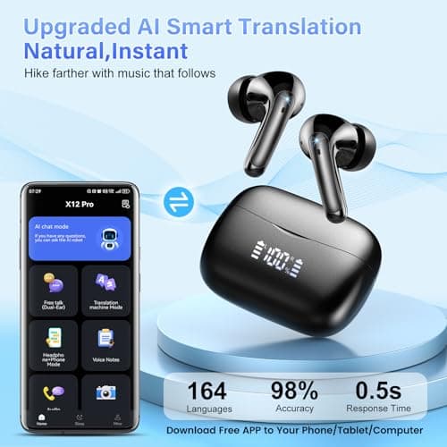 AI Translation Earbuds Real Time with Audio and Video Calls, 164 Language/7 Translation Modes Translator Earbuds Bluetooth 5.4 with APP, 48H AI Ear Buds Translator Device for Business/Learning/Travel 2