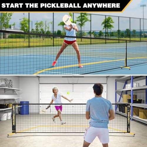 Pickleball Net with Wheels, Portable 2-in-1 Pickle Ball Net with Ball Collector,22FT Regulation Size & 11FT Half Court Size, Carry Bag, Steady Metal Frame for Outdoor Indoor Driveway (Black&Yellow) 5