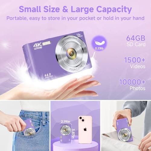 Digital Camera for Teens, FHD 4K 44MP Digital Camera Purple with 64GB SD Card 16X Digital Zoom, Cameras for Photography Compact Point and Shoot Camera for Teen Boys Girls Kids Autofocus Camera Digital 5