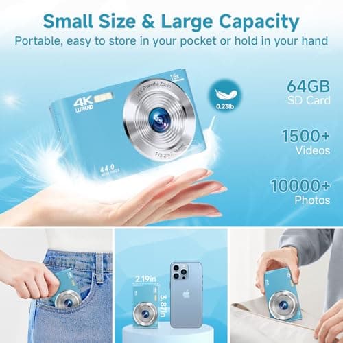 SMARTKLIK Digital Camera for Teens, FHD 4K 44MP with 64GB SD Card, 16X Digital Zoom, Compact Point Shoot Camera Blue 3
