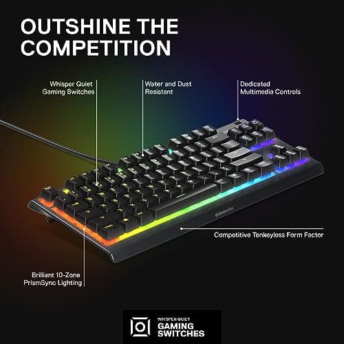 SteelSeries Apex 3 TKL RGB Gaming Keyboard – Tenkeyless Compact Form Factor - 8-Zone RGB Illumination – IP32 Water & Dust Resistant – Whisper Quiet Gaming Switch – Gaming Grade Anti-Ghosting,Black 3