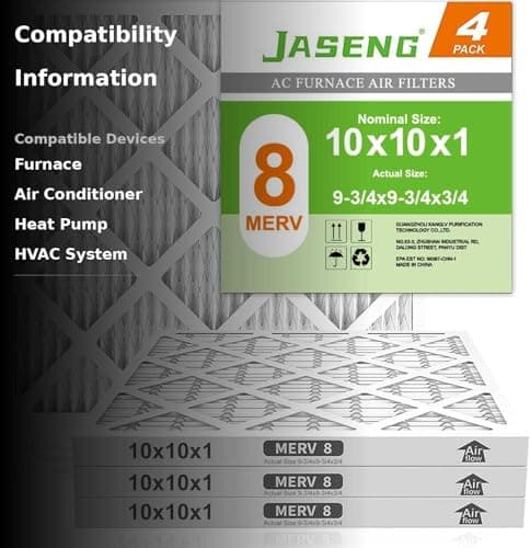 JASENG 10x10x1 Furnace Air Filters 4 Pack, MERV 8 MPR 600 & FPR 5 Filtering, HVAC Air Filter Replacement (exact dimensions: 9 3/4"x9 3/4"x3/4") 3