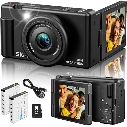 True 5K Digital Camera for Photography, Autofocus 80MP with 18X Digital Zoom 3" 270°Flip Screen Dual-Lens Selfie Camera for YouTube Vlogging & Content Creation, 2 Batteries, 32GB Card & Flash，Black
