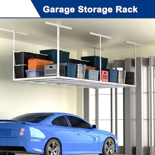 GIOTORENT 3x8FT Heavy Duty Overhead Garage Storage Rack - Adjustable Ceiling Shelving with 600lbs Weight Capacity, Metal Garage Organization System, White 3