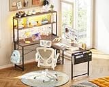 AODK L Shaped Desk Gaming Desk with LED Light & Power Outlet, 53 Inch Reversible L Shaped Computer Table with Shelf & Storage Bag & Hook for Home Office, Grey Oak 5