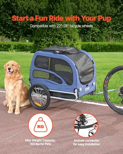VEVOR Dog Bike Trailer, Supports up to 100 lbs, Pet Cart Bicycle Carrier, Easy Folding Frame with Quick Release Wheels, Universal Bicycle Coupler, Reflectors, Flag, Collapsible to Store, Blue/Black 2