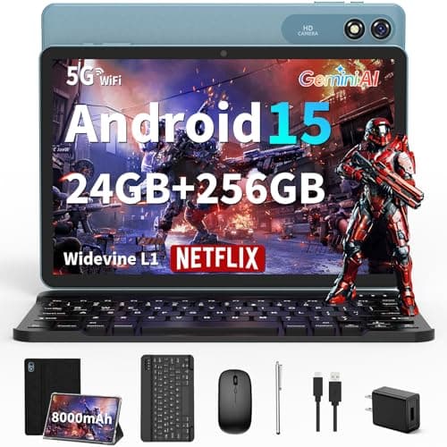 Tablet with Keyboard - 24GB RAM+256GB ROM(2TB Expand), Android 15 Tablet with Octa Core, 5G/2.4G WiFi, 8000mAh, BT V5.0, with Case, Mouse, Stylus, Split-Screen, Widevine L1, Face Unlock(Black Case)