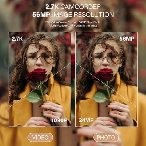 Muitune Camcorder Video Camera QHD 2.7K 56MP 16X Digital Zoom Vlogging Camera with LED Fill Light for YouTube, 2.8 Inch 270 Degree Rotation LCD Screen Camcorder with 32GB SD Card and Two Batteries 2