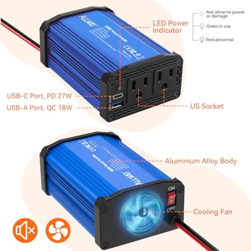 ALLWEI 300W Car Power Inverter, DC 12V to 110V AC Converter Car Plug Adapter Outlet with 27W PD USB-C & 18W USB-A Fast Charge, Car Cigarette Lighter Charger for Phone, Laptop, Tablet - Blue 4