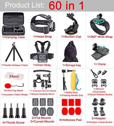 60 in 1 Camera Accessories Kit Compatible with GoPro Hero 13 12 11 10 9 8 7 6 /Session 5/Hero 4/3+/3/2/1, Insta360, DJI Osmo Action, AKASO, APEMAN, Campark, SJCAM 2