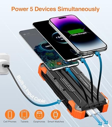 GOODaaa Portable Charger 42800mAh Built in 4 Cables and Thermometer 15W Fast Charging Power Bank Five Outputs Three Inputs Solar Charger Power Bank, SOS/Strobe/Strong Flashlights, Carabiner 3