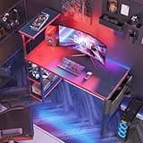 Bestier Gaming Desk with LED Lights, 44 Inch PC Gamer Desk for Small Spaces, Computer Desk with Reversible Storage Shelves & Side Storage Bag (Black 3D Carbon Fiber) 2