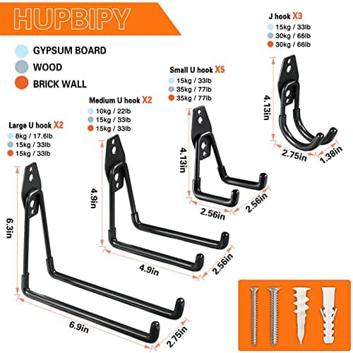 HUPBIPY 12 Pack Garage Hooks Heavy Duty Utility Steel with Anti-Slip Coating Wall Mount Storage Organizer for Hanging Power and Garden Tools, Ladders, Hose, Bikes, Ropes, Bulk Items, and More 2