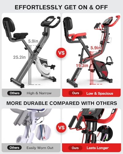 pooboo Folding Exercise Bike, Fitness Stationary Bike Machine, Upright Indoor Cycling Bike, 4-in-1 Magnetic X-Bike with 8-Level Adjustable Resistance, Bottle Holder, Arm Resistance Bands, Pulse Sensor & Back Support Cushion for Home Gym Workout (red) 2