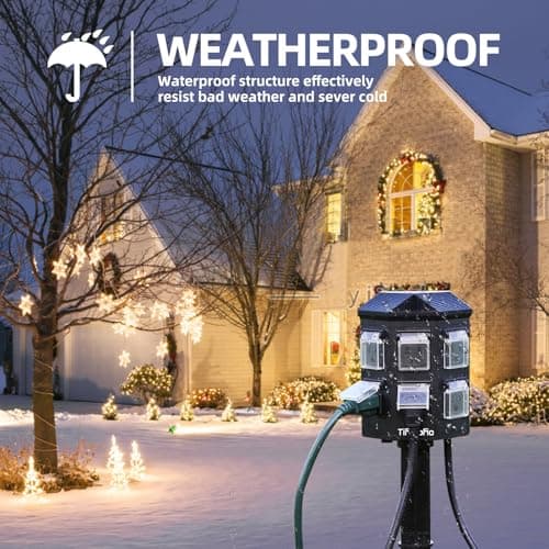 TiFFCOFiO Outdoor Power Stake Timer, 100FT Remote Control, Dusk to Dawn Christmas Light Timer, 6FT Extension Cord Waterproof, 6 Grounded Outlets for Outdoor Christmas Decorations, ETL Listed 4