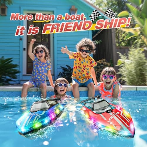 JOI MEW RC Boat for Kids with LED Lights, 2.4Ghz Remote Control Racing Boats for 8-12,Toy Water Boat for Pools & Lakes with Waterproof,Rechargeable Battery, for Boys Girls RED 2