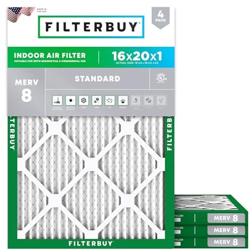 Filterbuy 16x20x1 Air Filter MERV 8 Essential Dust & Allergy Defense (4-Pack), Electrostatic Pleated HVAC AC Furnace Filters Replacement, Made in USA (Actual Size: 15.50 x 19.50 x 0.75)