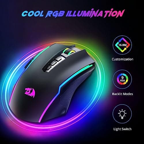 Redragon Gaming Mouse, Wireless Mouse Gaming with 8000 DPI, PC Gaming Mice with Fire Button, RGB Backlit Programmable Ergonomic Mouse Gamer, Rechargeable, 70Hrs for Windows, Mac Gamer, Black 2