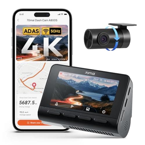70mai 4K Dash Cam Front and Rear with STARVIS, Built in 5GHz WiFi & GPS Car Camera, Super Night Vision, ADAS, 3'' IPS Screen, 24H Parking Mode, Time-Lapse, Loop Recording, Support 256GB Max (A800S)